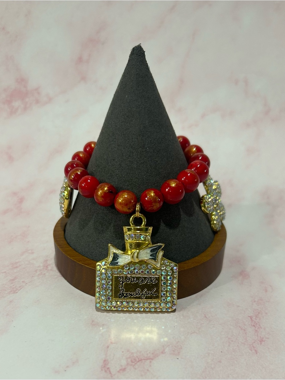 Women’s Red Beaded Charm Bracelet with Gold Perfume Bottle Pendant